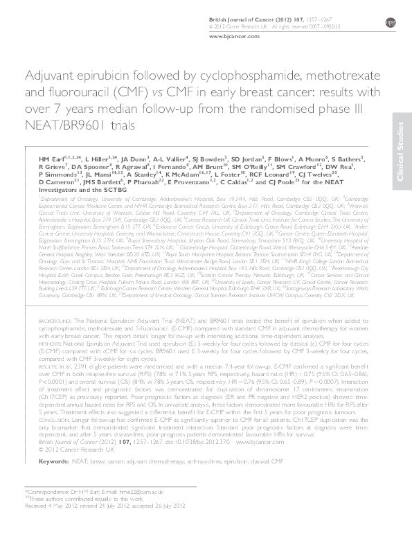Adjuvant epirubicin followed by cyclophosphamide, methotrexate and fluorouracil (CMF) vs CMF in early breast cancer: results with over 7 years median follow-up from the randomised phase III NEAT/BR9601 trials Thumbnail