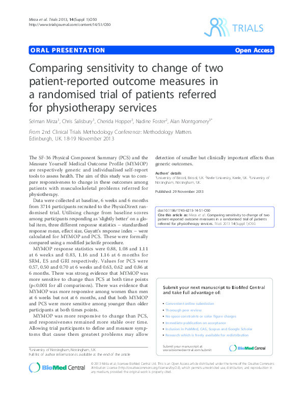 Comparing sensitivity to change of two patient-reported outcome measures in a randomised trial of patients referred for physiotherapy services Thumbnail