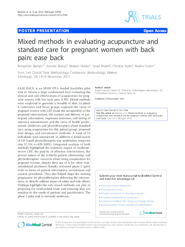 Mixed methods in evaluating acupuncture and standard care for pregnant women with back pain: ease back Thumbnail