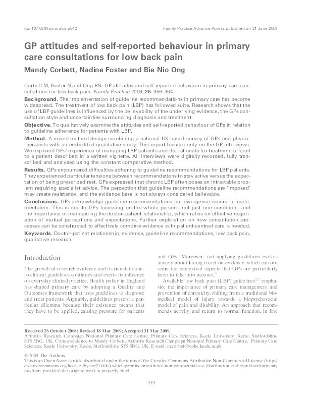 GP attitudes and self-reported behaviour in primary care consultations for low back pain Thumbnail