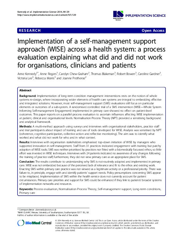 Implementation of a self-management support approach (WISE) across a health system: a process evaluation explaining what did and did not work for organisations, clinicians and patients. Thumbnail