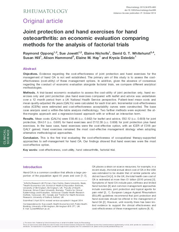 Joint protection and hand exercises for hand osteoarthritis: an economic evaluation comparing methods for the analysis of factorial trials Thumbnail
