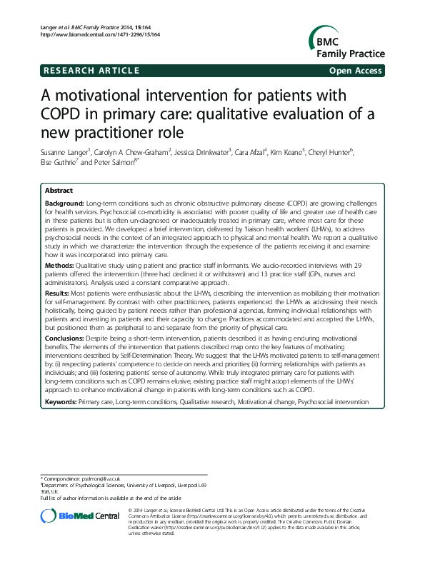 A motivational intervention for patients with COPD in primary care: qualitative evaluation of a new practitioner role Thumbnail