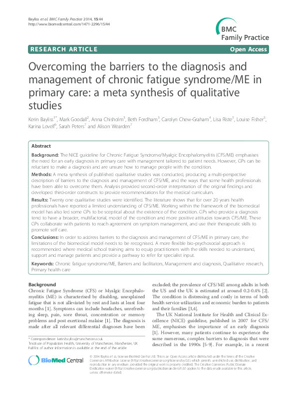 Overcoming the barriers to the diagnosis and management of chronic fatigue syndrome/ME in primary care: a meta synthesis of qualitative studies Thumbnail