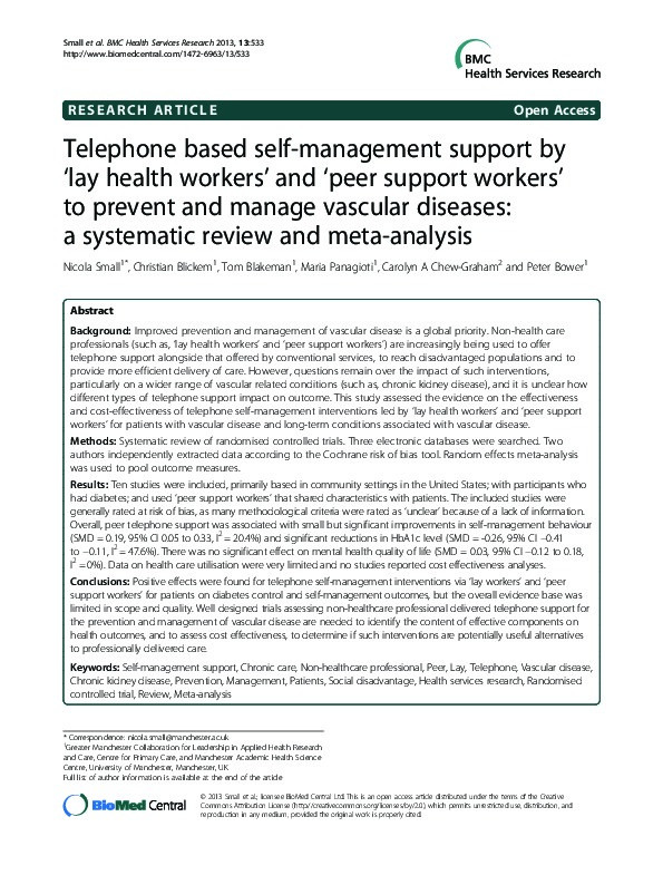 Telephone based self-management support by 'lay health workers' and 'peer support workers' to prevent and manage vascular diseases: a systematic review and meta-analysis Thumbnail