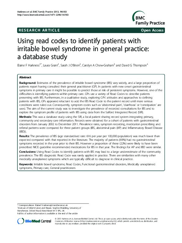 Using read codes to identify patients with irritable bowel syndrome in general practice: a database study Thumbnail