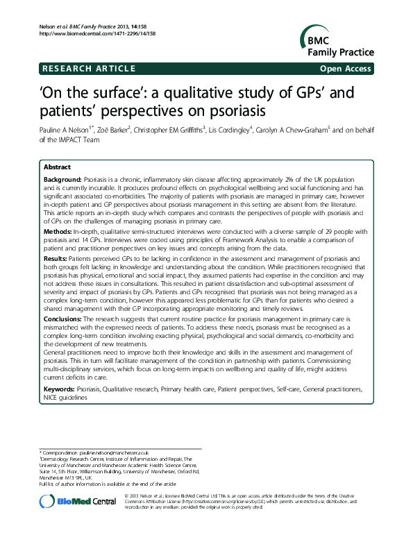 'On the surface': a qualitative study of GPs' and patients' perspectives on psoriasis Thumbnail