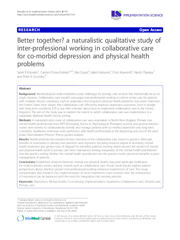 Better together? a naturalistic qualitative study of inter-professional working in collaborative care for co-morbid depression and physical health problems Thumbnail