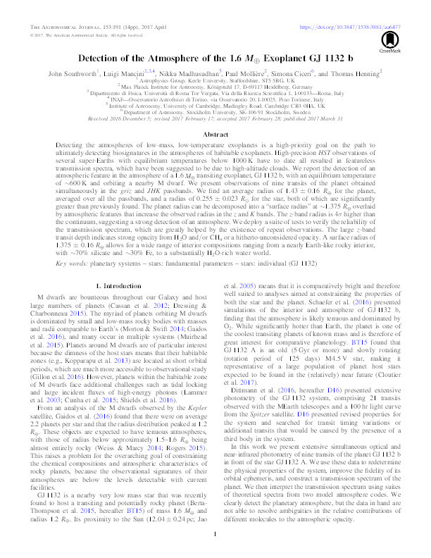 Detection of the Atmosphere of the 1.6 M ? Exoplanet GJ 1132 b Thumbnail