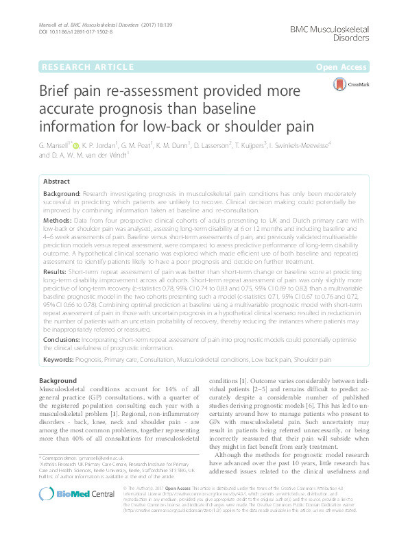 Brief pain re-assessment provided more accurate prognosis than baseline information for low-back or shoulder pain Thumbnail