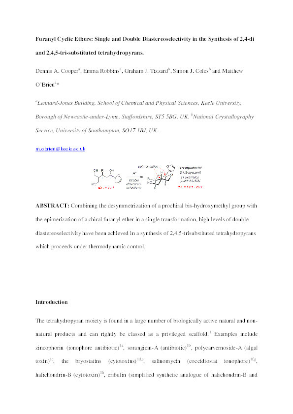 Furanyl Cyclic Ethers: Single and Double Diastereoselectivity in the Synthesis of 2,4-Di and 2,4,5-Trisubstituted Tetrahydropyrans. Thumbnail