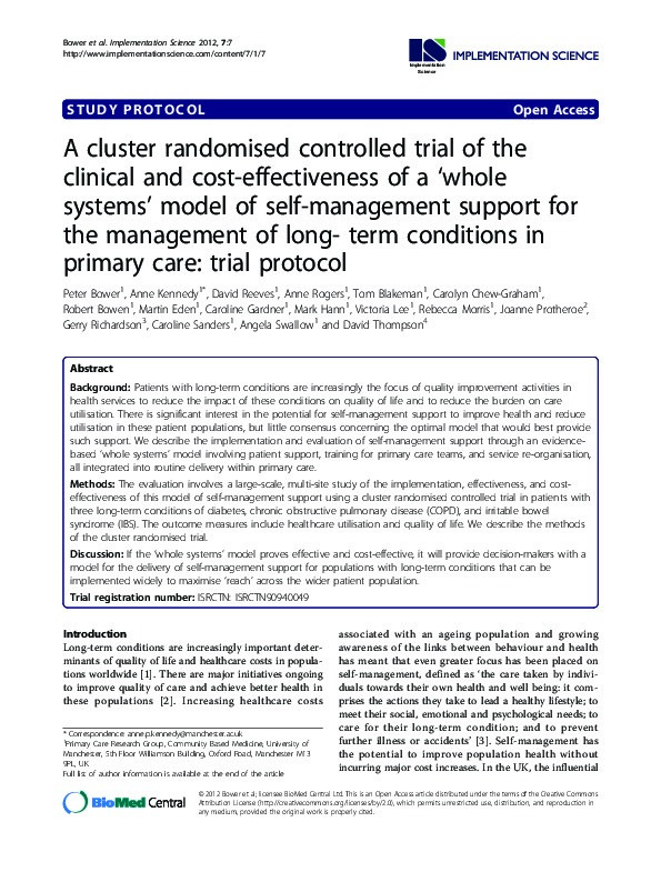 A cluster randomised controlled trial of the clinical and cost-effectiveness of a 'whole systems' model of self-management support for the management of long- term conditions in primary care: trial protocol Thumbnail