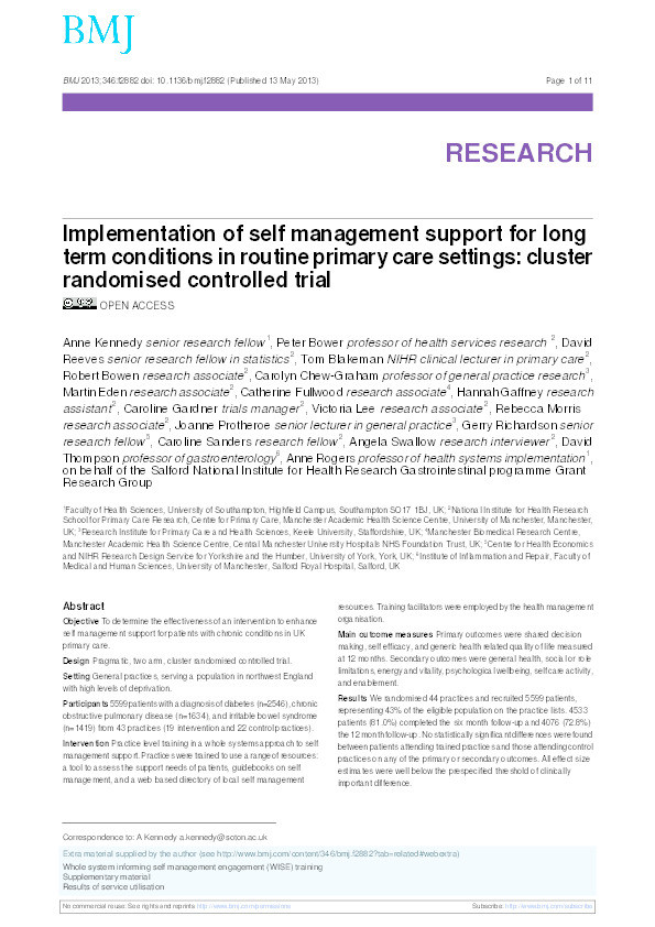 Implementation of self management support for long term conditions in routine primary care settings: cluster randomised controlled trial Thumbnail