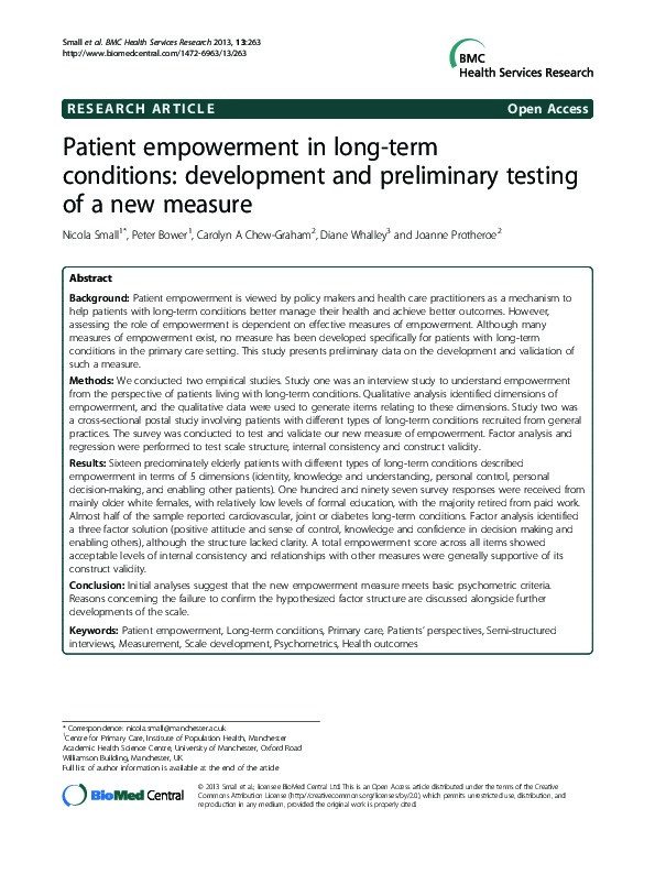 Patient empowerment in long-term conditions: development and preliminary testing of a new measure Thumbnail