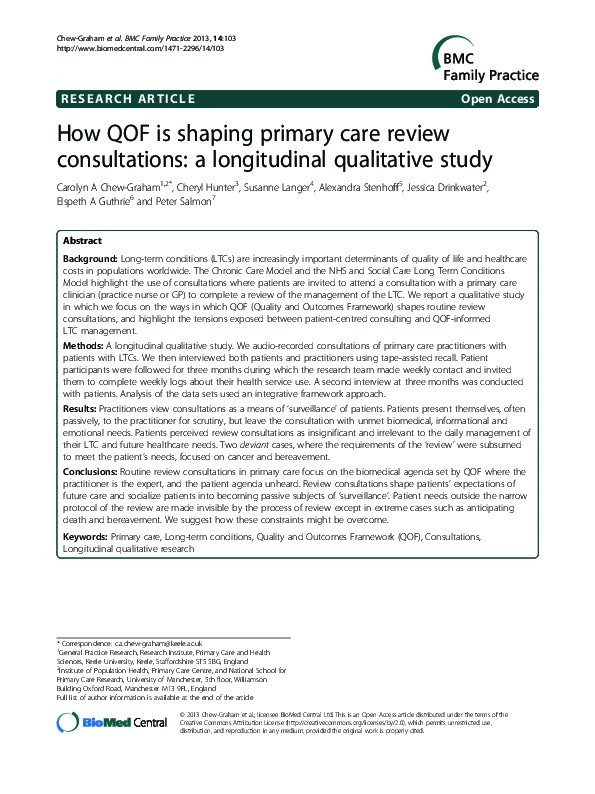 How QOF is shaping primary care review consultations: a longitudinal qualitative study Thumbnail