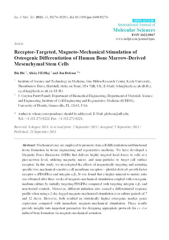 Receptor-targeted, magneto-mechanical stimulation of osteogenic differentiation of human bone marrow-derived mesenchymal stem cells Thumbnail