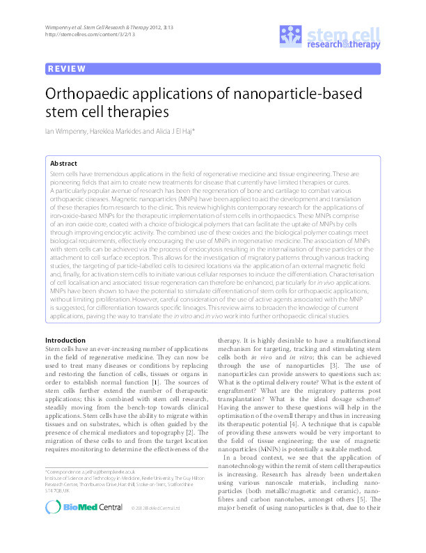 Orthopaedic applications of nanoparticle-based stem cell therapies Thumbnail