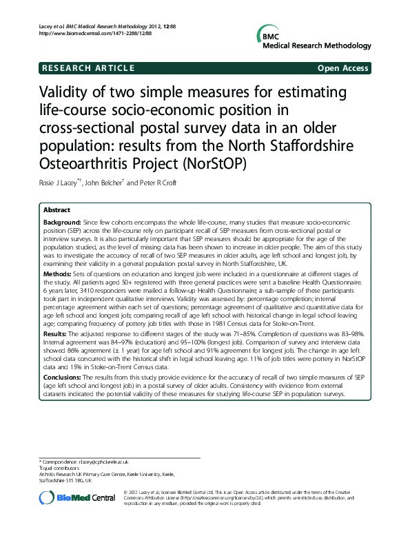 Validity of two simple measures for estimating life-course socio-economic position in cross-sectional postal survey data in an older population: results from the North Staffordshire Osteoarthritis Project (NorStOP) Thumbnail