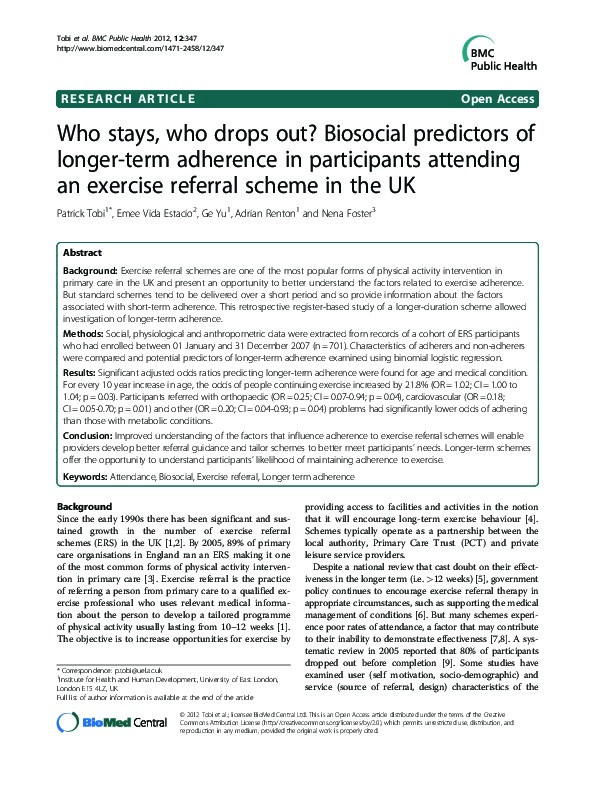 Who stays, who drops out?: Biosocial predictors of longer-term adherence in participants attending an exercise referral scheme in the UK Thumbnail