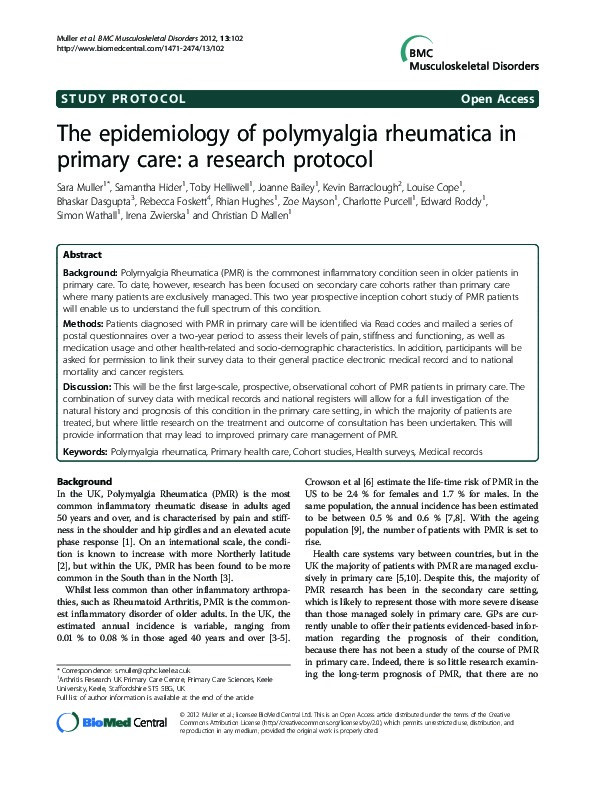The epidemiology of polymyalgia rheumatica in primary care: a research protocol Thumbnail
