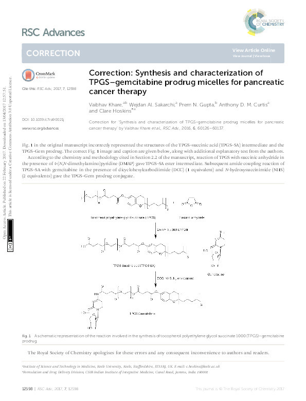 Synthesis and characterization of TPGS-gemcitabine prodrug micelles for pancreatic cancer therapy Thumbnail