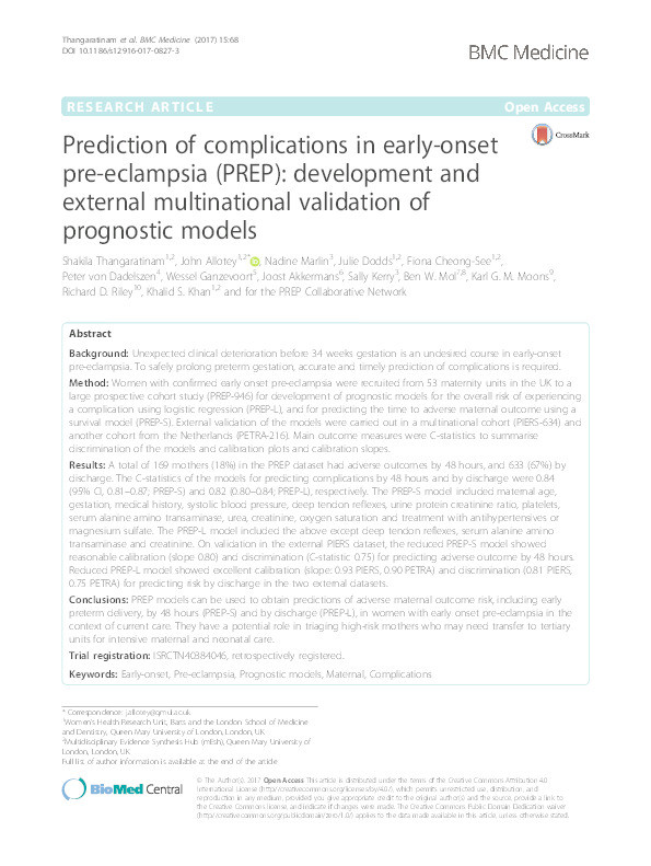 Prediction of complications in early-onset pre-eclampsia (PREP): development and external multinational validation of prognostic models Thumbnail