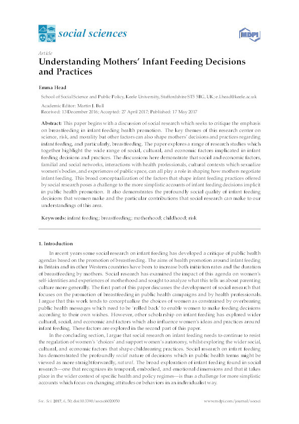 Understanding infant feeding decisions and practices: the contributions of social research Thumbnail