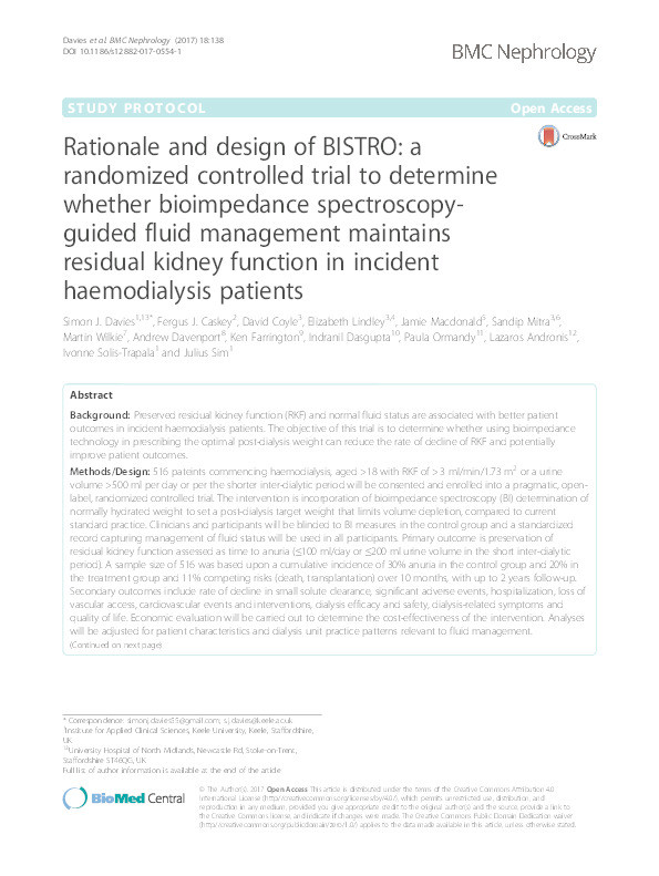Rationale and design of BISTRO: a randomized controlled trial to determine whether bioimpedance spectroscopy-guided fluid management maintains residual kidney function in incident haemodialysis patients Thumbnail