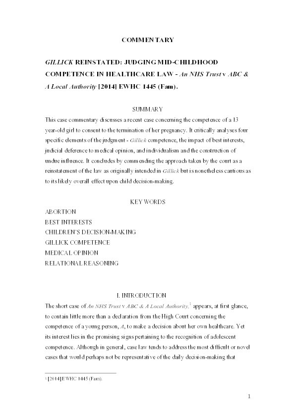 Gillick Reinstated: Judging Mid-Childhood Competence in Healthcare Law: An NHS Trust v ABC & A Local Authority [2014] EWHC 1445 (Fam). Thumbnail