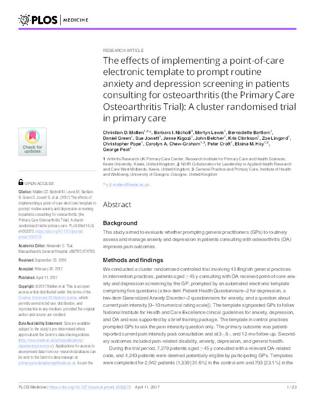The effects of implementing a point-of-care electronic template to prompt routine anxiety and depression screening in patients consulting for osteoarthritis (the Primary Care Osteoarthritis Trial): A cluster randomised trial in primary care Thumbnail