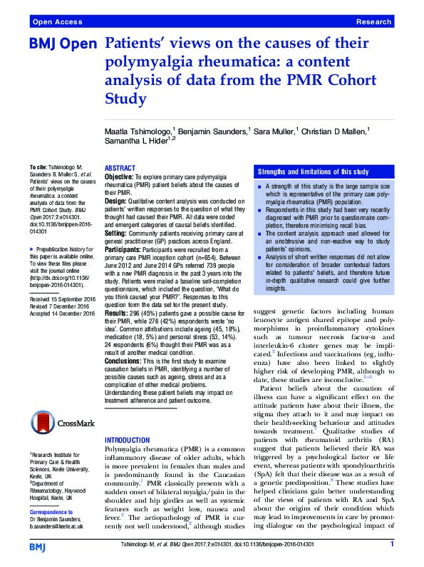 Patients' views on the causes of their polymyalgia rheumatica: a content analysis of data from the PMR Cohort Study Thumbnail