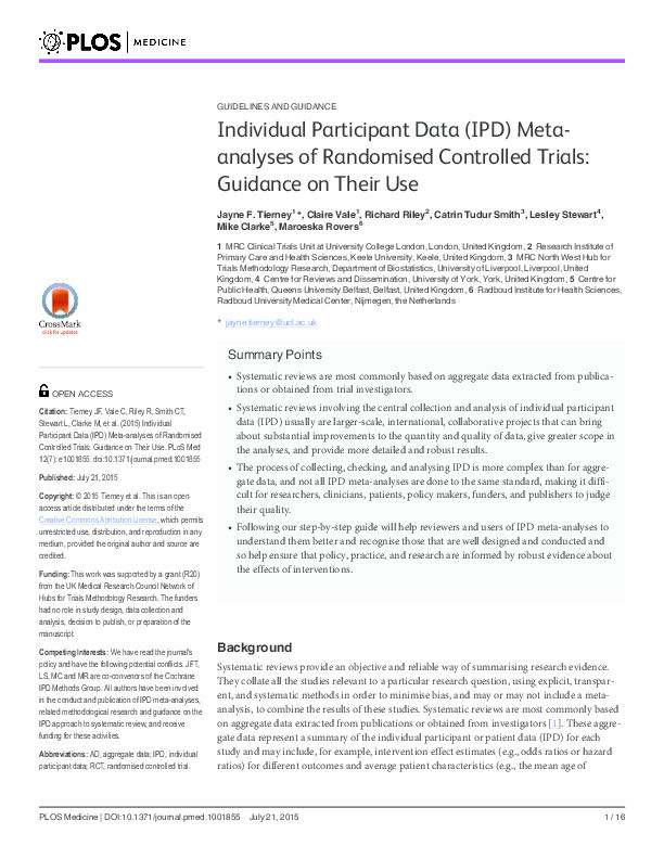 Individual Participant Data (IPD) Meta-analyses of Randomised Controlled Trials: Guidance on Their Use Thumbnail