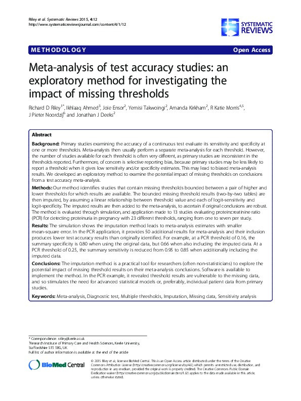 Meta-analysis of test accuracy studies: an exploratory method for investigating the impact of missing thresholds Thumbnail