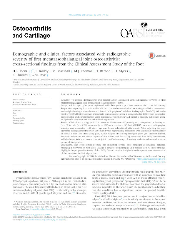 Demographic and clinical factors associated with radiographic severity of first metatarsophalangeal joint osteoarthritis: cross-sectional findings from the Clinical Assessment Study of the Foot Thumbnail
