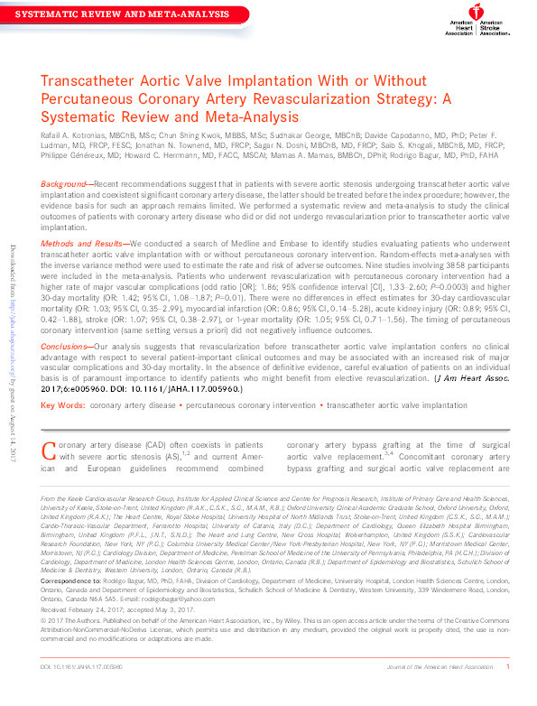 Transcatheter Aortic Valve Implantation With or Without Percutaneous Coronary Artery Revascularization Strategy: A Systematic Review and Meta-analysis Thumbnail