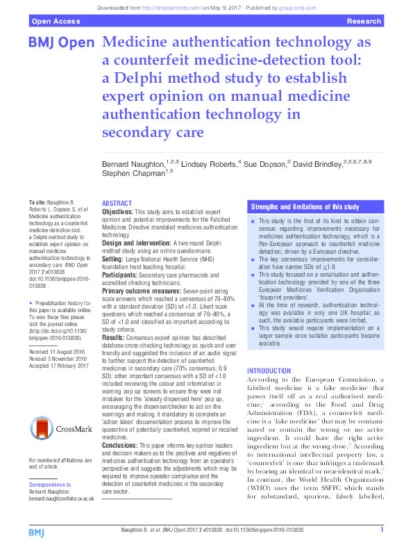 Medicine authentication technology as a counterfeit medicine-detection tool: a Delphi method study to establish expert opinion on manual medicine authentication technology in secondary care Thumbnail