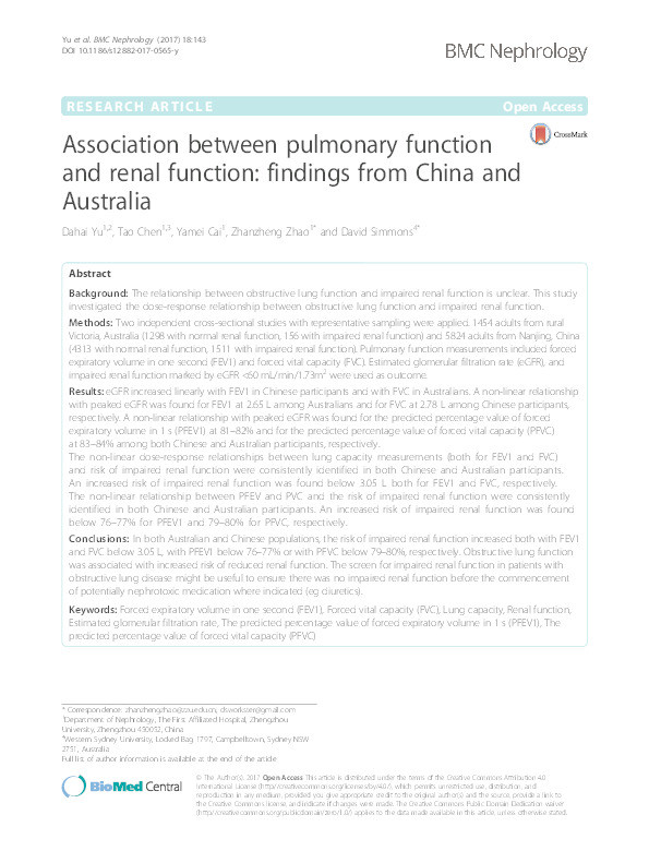Association between pulmonary function and renal function: findings from China and Australia. Thumbnail