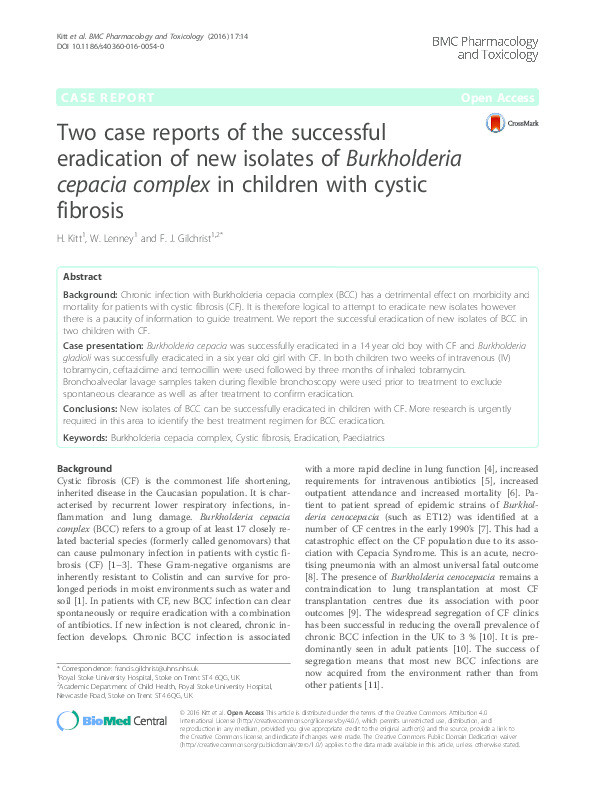 Two case reports of the successful eradication of new isolates of Burkholderia cepacia complex in children with cystic fibrosis. Thumbnail