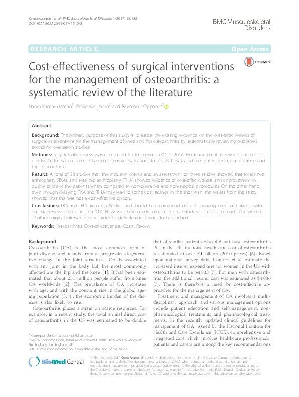 Cost-effectiveness of surgical interventions for the management of osteoarthritis: a systematic review of the literature Thumbnail