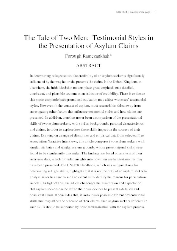 The Tale of Two Men: Testimonial Styles in the Presentation of Asylum Claims Thumbnail
