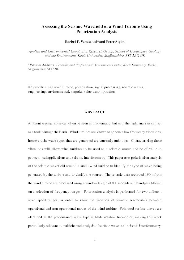 Assessing the Seismic Wavefield of a Wind Turbine Using Polarization Analysis Thumbnail