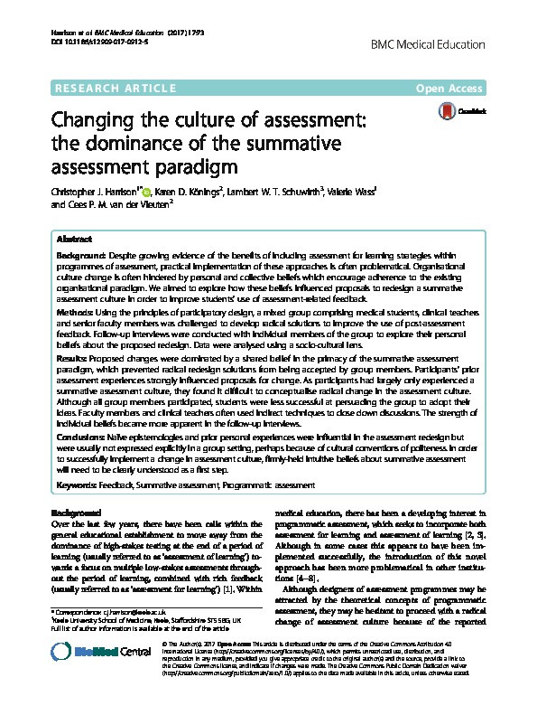 Changing the culture of assessment: the dominance of the summative assessment paradigm. Thumbnail