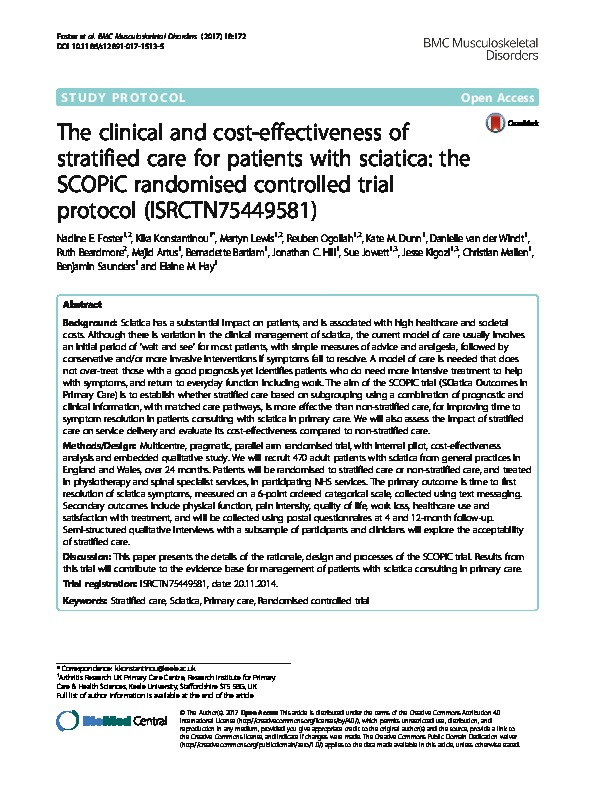The clinical and cost-effectiveness of stratified care for patients with sciatica: the SCOPiC randomised controlled trial protocol (ISRCTN75449581). Thumbnail