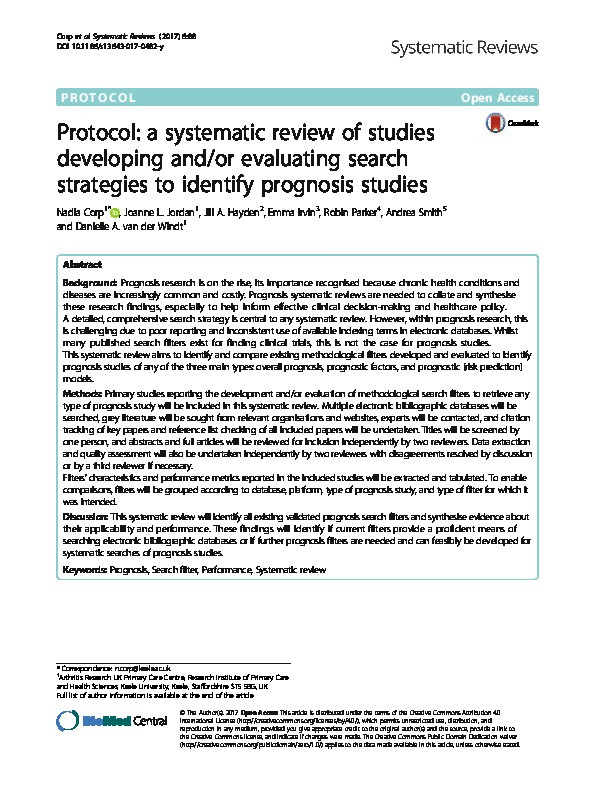 Protocol: a systematic review of studies developing and/or evaluating search strategies to identify prognosis studies Thumbnail