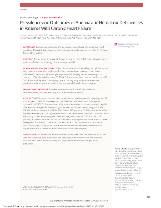 Prevalence and Outcomes of Anemia and Hematinic Deficiencies in Patients With Chronic Heart Failure. Thumbnail
