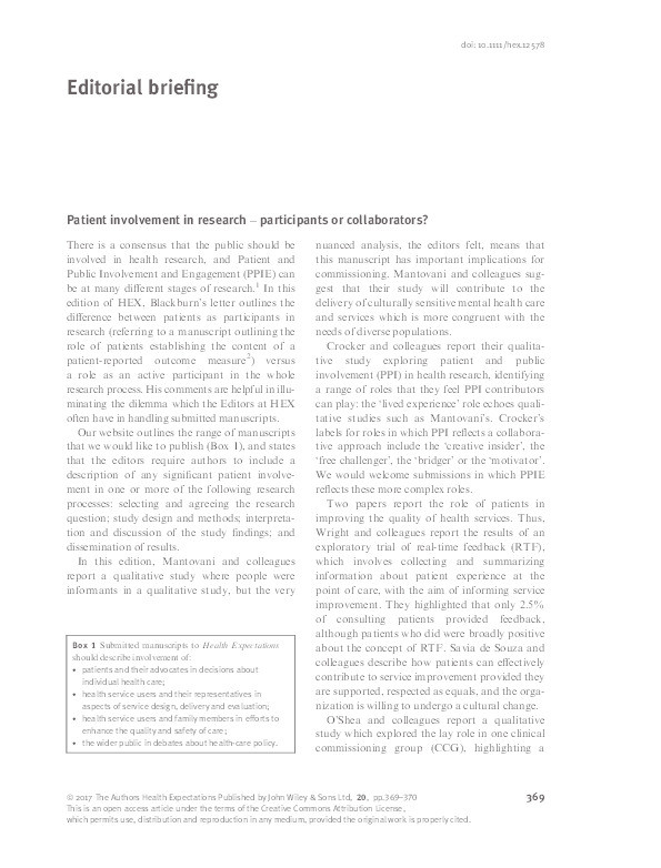Patient involvement in research – participants or collaborators? Thumbnail