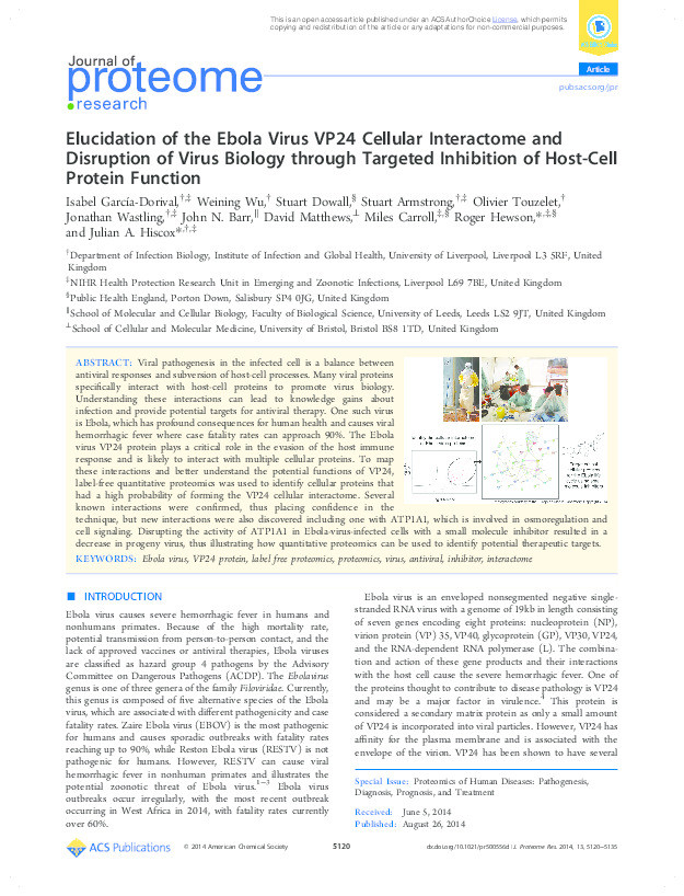 Elucidation of the Ebola virus VP24 cellular interactome and disruption of virus biology through targeted inhibition of host-cell protein function. Thumbnail