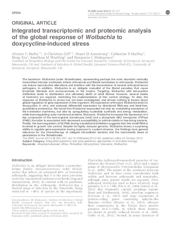 Integrated transcriptomic and proteomic analysis of the global response of Wolbachia to doxycycline-induced stress. Thumbnail