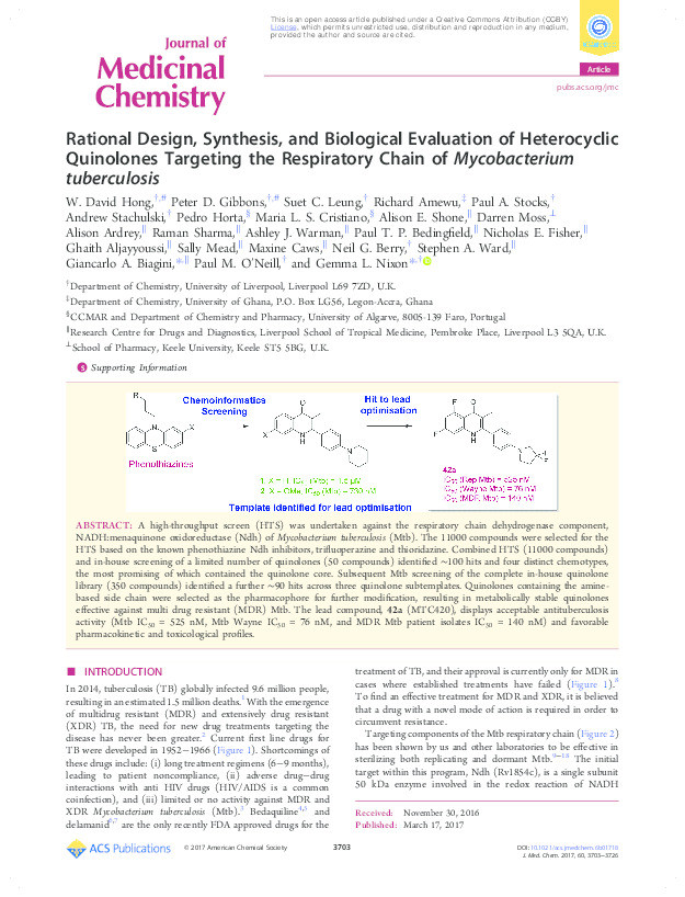 Rational Design, Synthesis, and Biological Evaluation of Heterocyclic Quinolones Targeting the Respiratory Chain of Mycobacterium tuberculosis Thumbnail