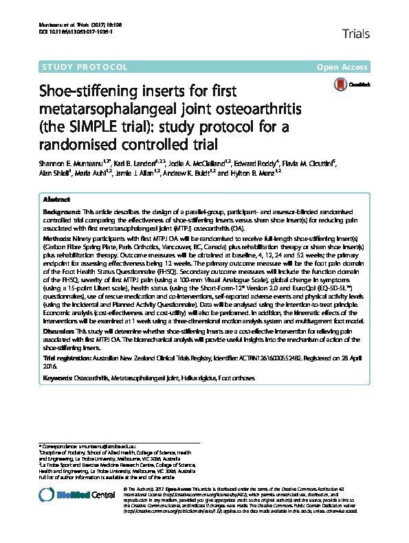 Shoe-stiffening inserts for first metatarsophalangeal joint osteoarthritis (the SIMPLE trial): study protocol for a randomised controlled trial Thumbnail